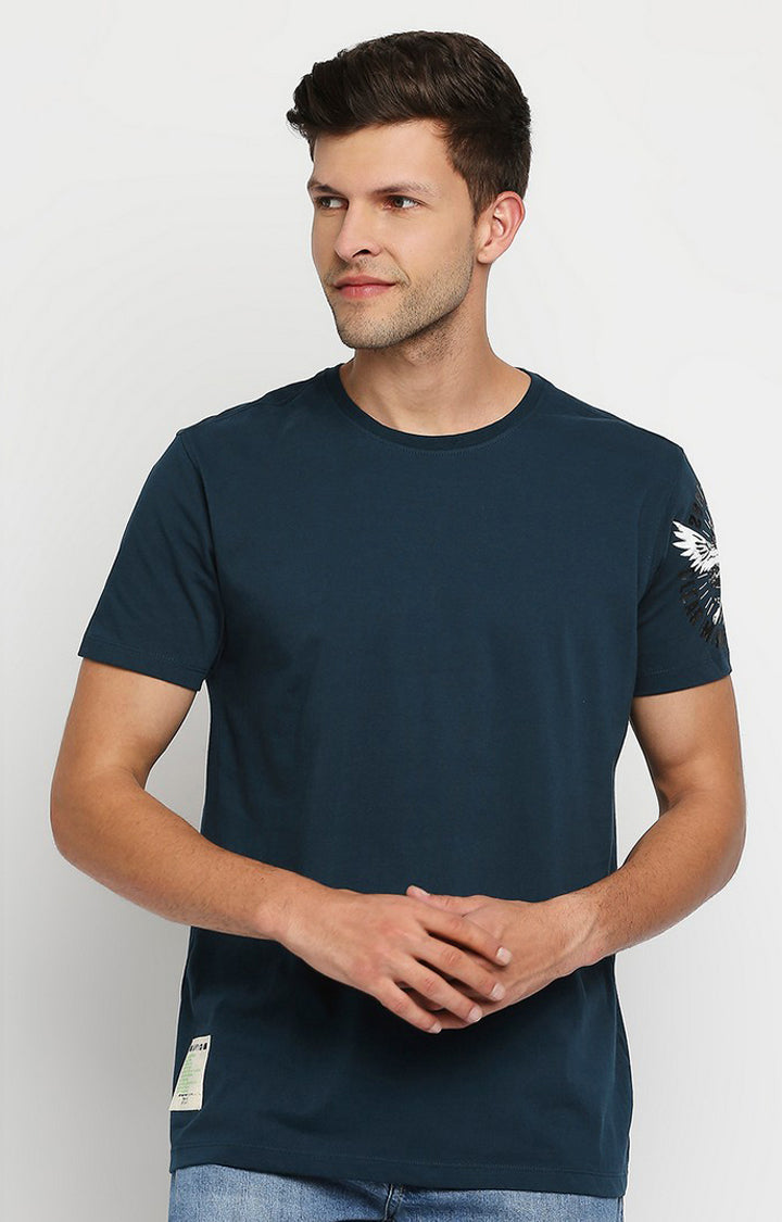 Spykar Men Blue Cotton Printed Half Sleeve T-Shirt