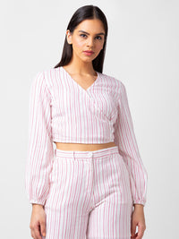 Spykar Women Pink Cotton Slim Fit Striped Crop Top