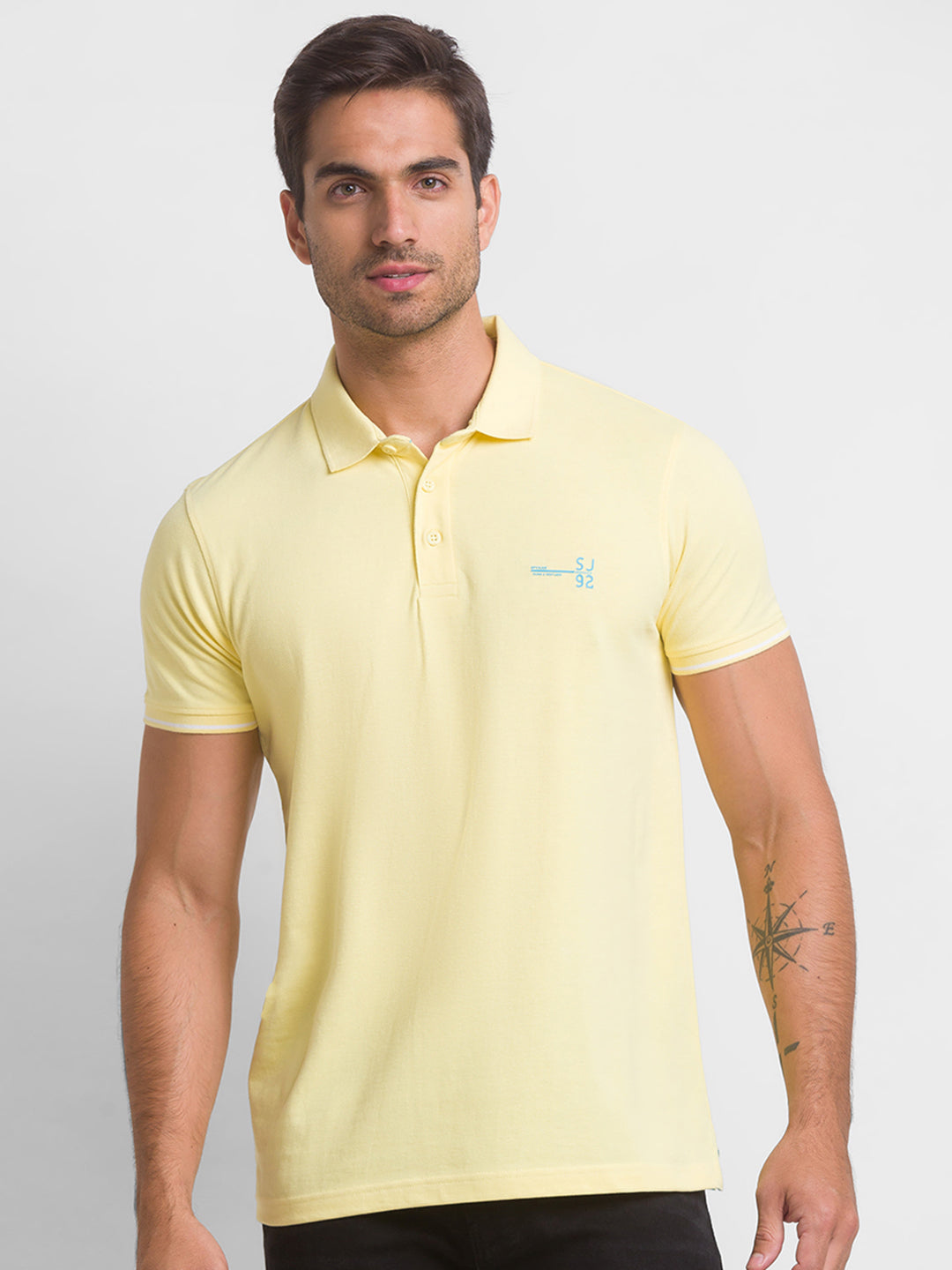 Spykar Butter Yellow Half Sleeve Plain Casual Polo T-Shirt For Men