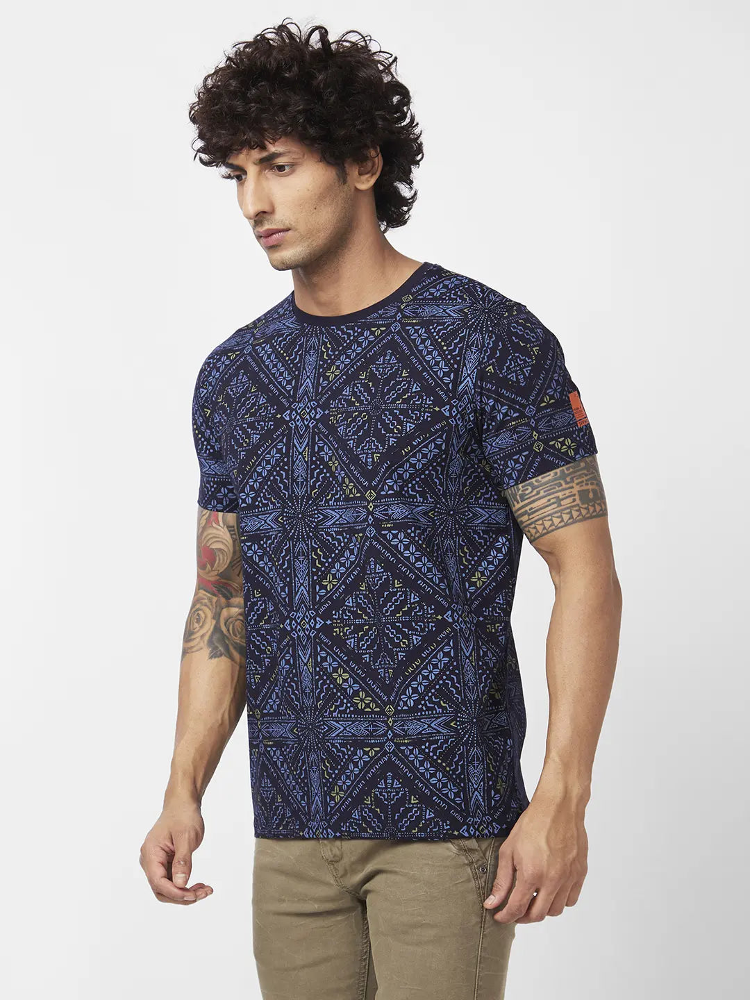 Spykar Men Navy Blue Blended Slim Fit Half Sleeve Round Neck Printed Tshirt