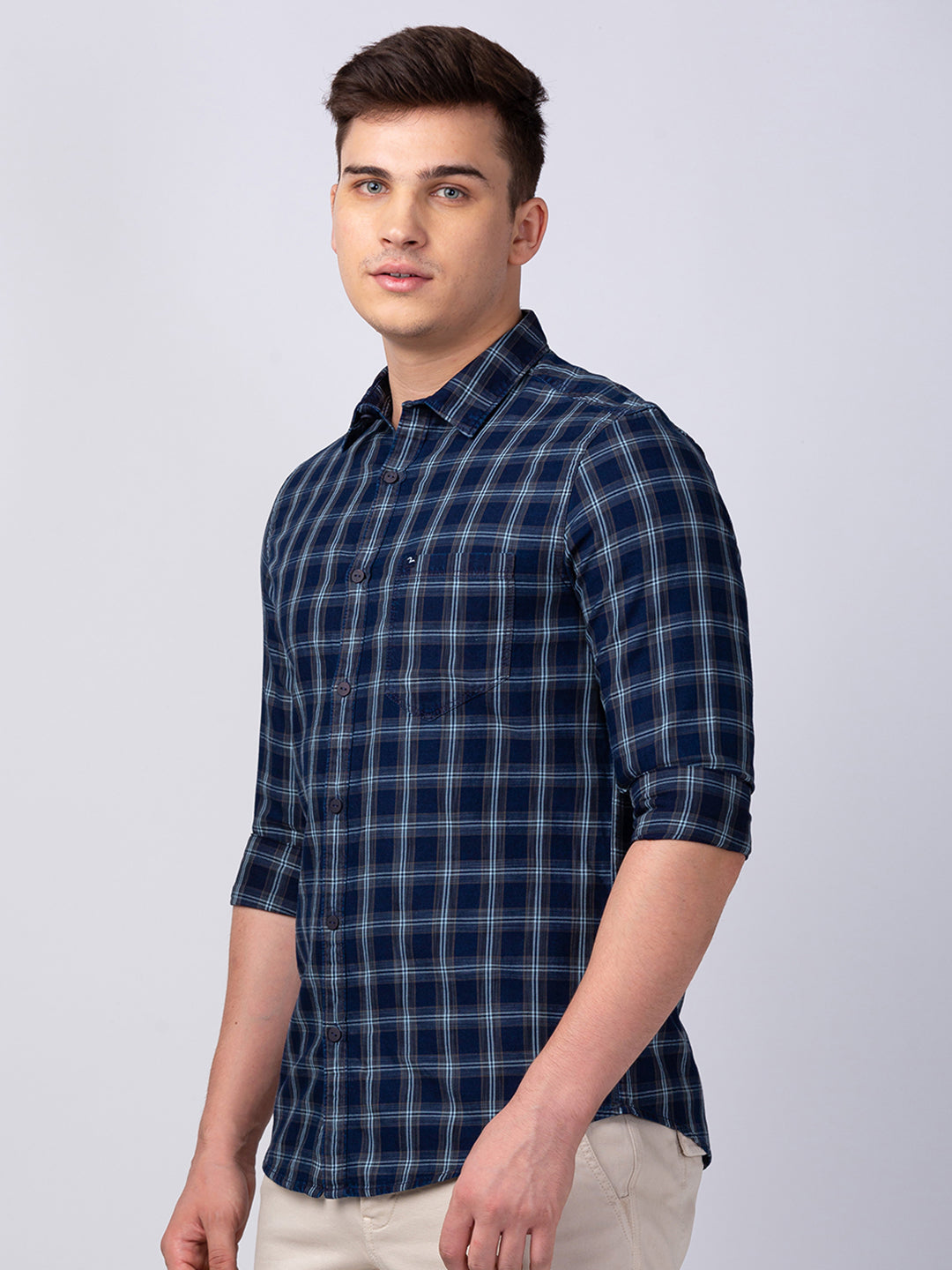 Spykar Men Navy White Cotton Slim Fit Checkered Shirt