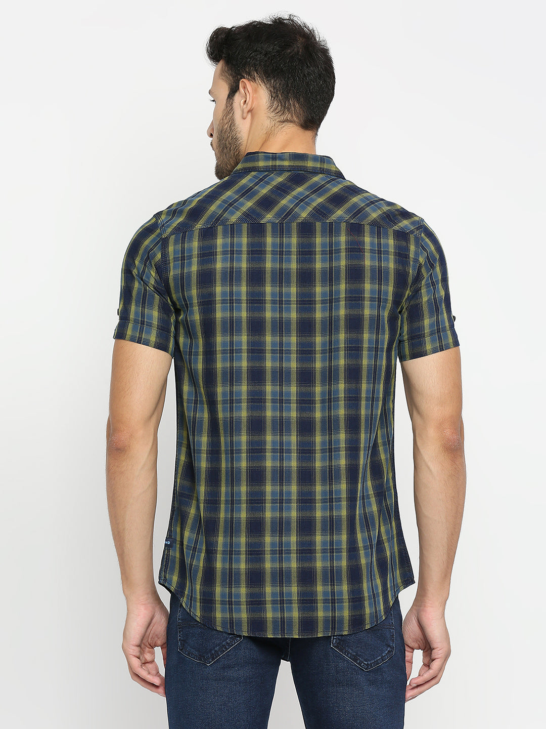 Spykar Men Pista Green Cotton Half Sleeve Checkered Shirt