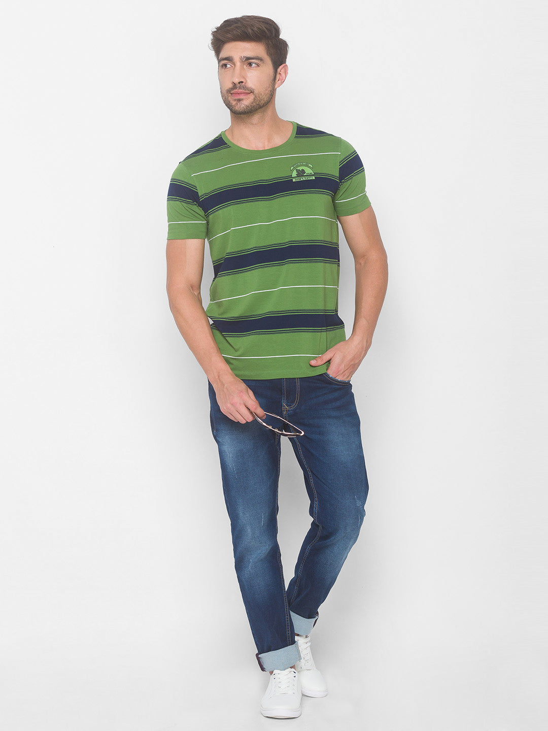 Spykar Men Green Cotton Blend Slim Fit Round Neck T-Shirt