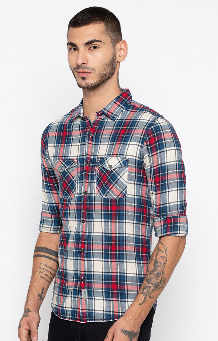 Spykar Men'S Blue Cotton Checked Casual Shirts