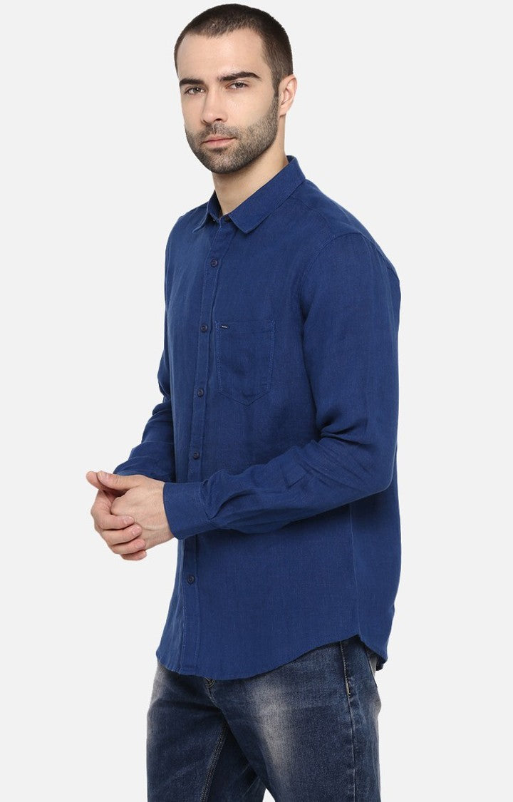 Spykar Men'S Blue Linen Solid Casual Shirts