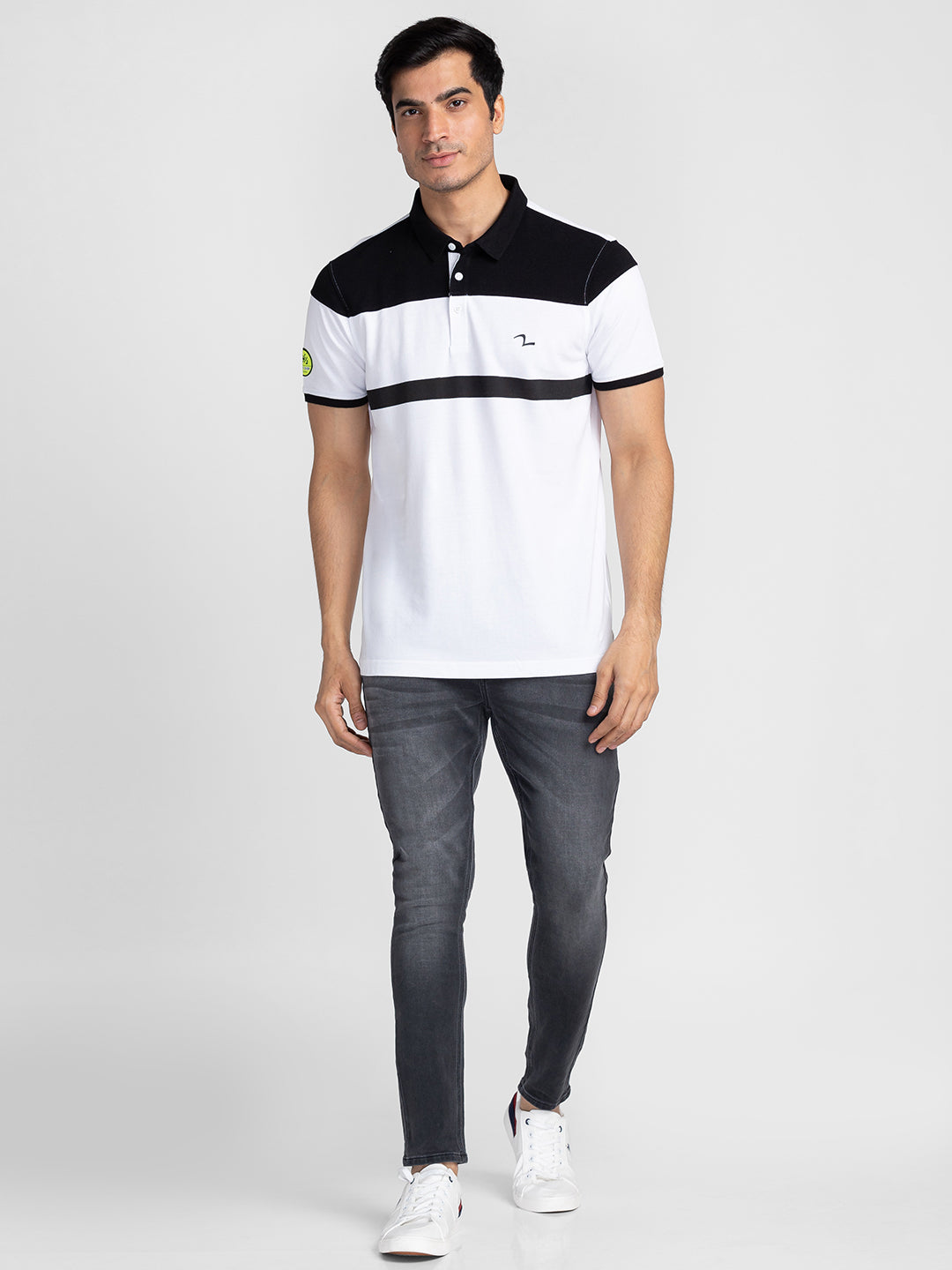 Spykar Men White Cotton Slim Fit Polo Printed T-Shirt