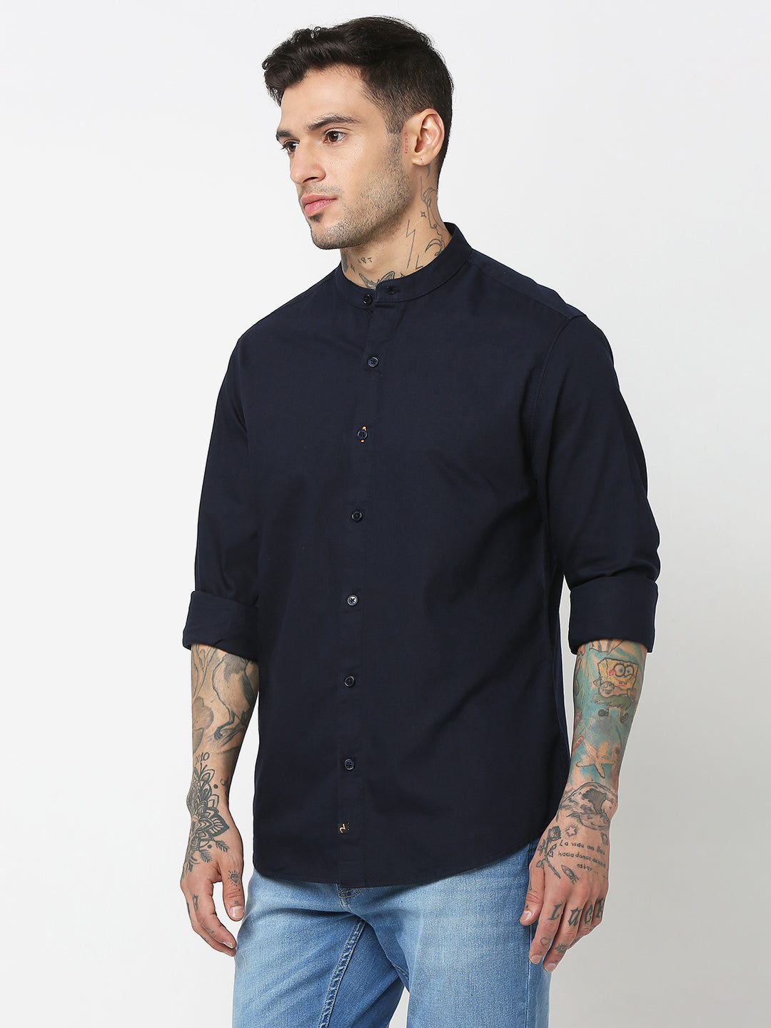 Spykar Men Navy Blue Cotton Slim Fit Plain Shirts