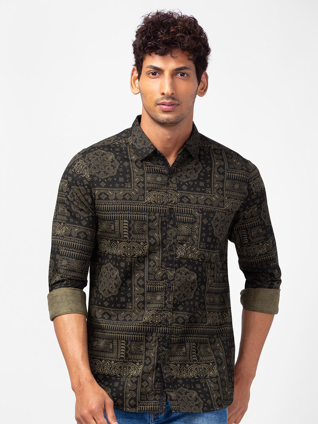 Spykar Men Olive Cotton Slim Fit Printed Shirts