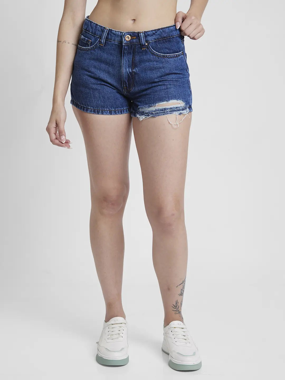 Spykar Women Dark Blue Cottom Slim Fit Above Knee Length Denim Shorts