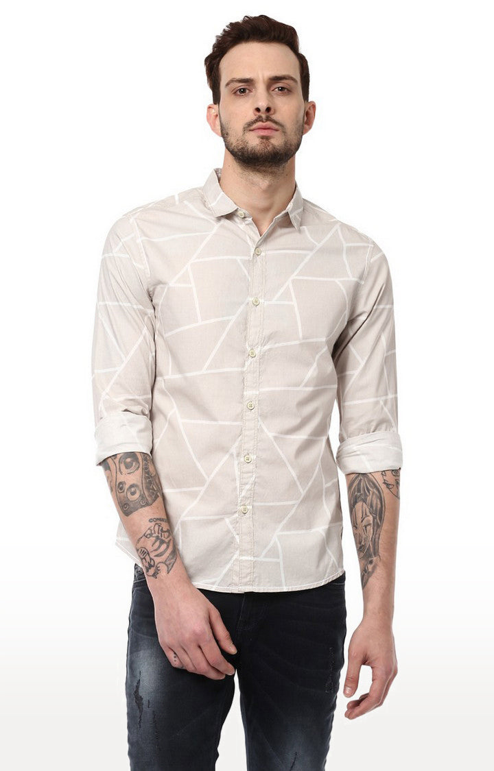 Spykar Men'S Beige Cotton Printed Casual Shirts