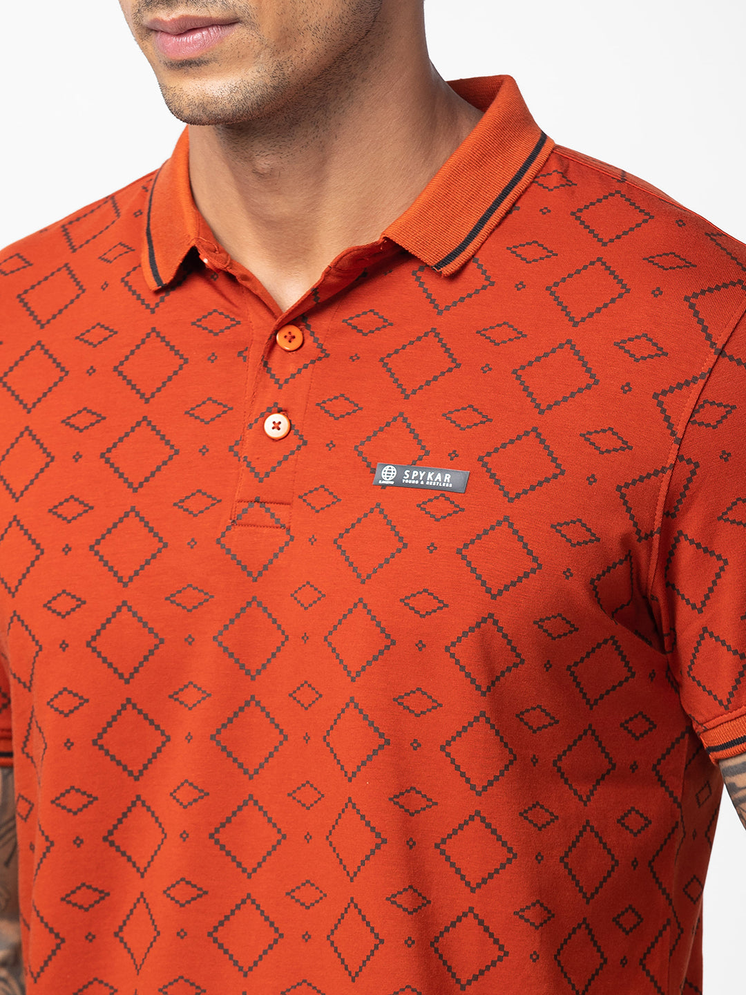 Spykar Men Burnt Orange Cotton Regular Fit Half Sleeve Printed Polo T-Shirt