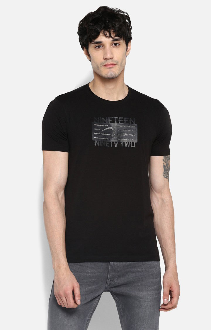 Spykar Jet Black Printed Slim Fit Men T-Shirts