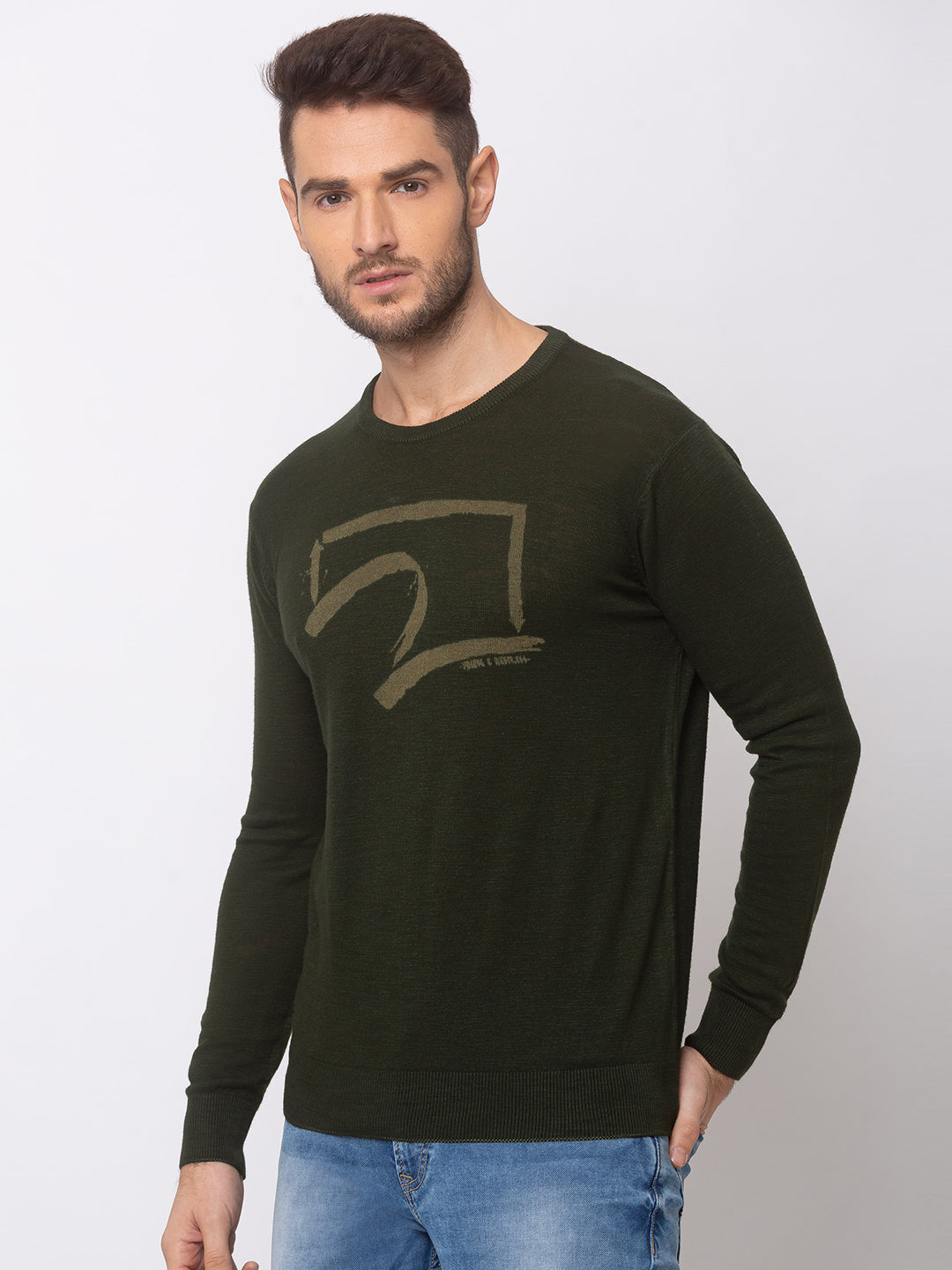 Spykar Men Olive Green Cotton Regular Fit Sweater