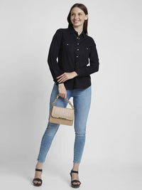 Spykar Women Black Cotton Regular Fit Full Sleeve Plain Shirt