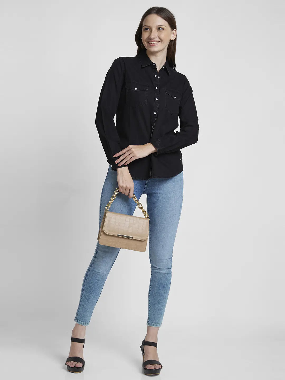 Spykar Women Black Cotton Regular Fit Full Sleeve Plain Shirt