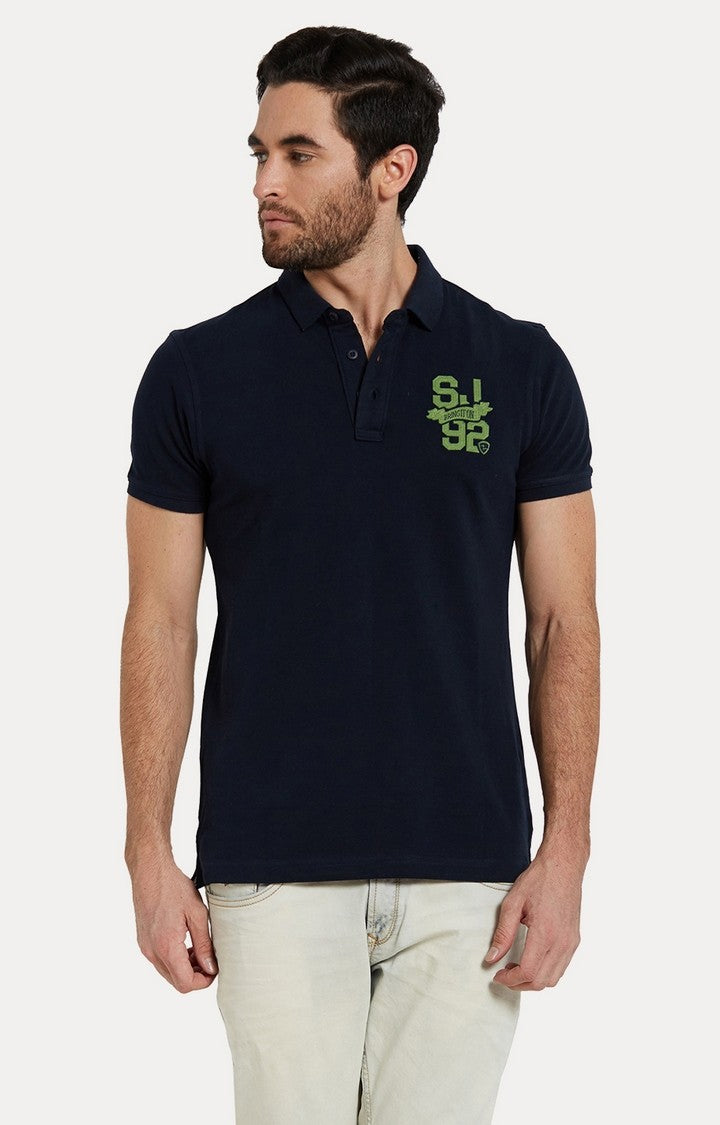 Spykar Blue Solid Slim Fit Polo T-Shirt