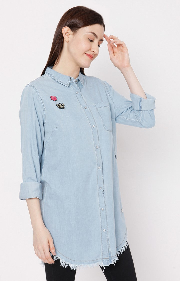 Spykar Women Light Blue Cotton Regular Fit Denim Shirt