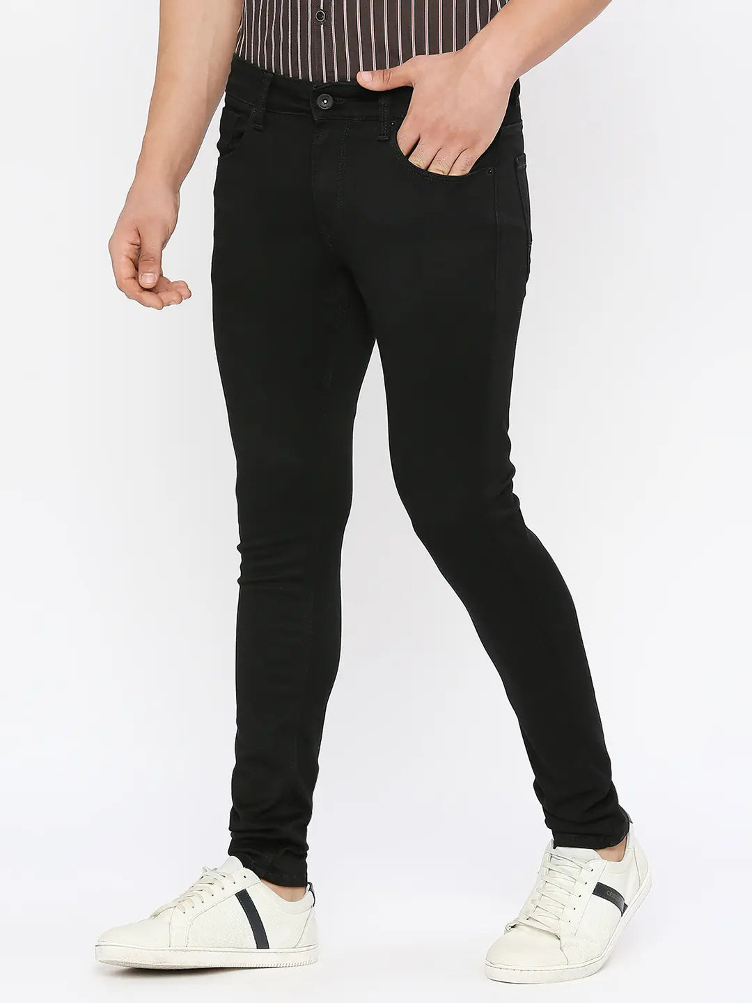 Spykar Men Raw Black Cotton Stretch Super Slim Fit Tapered Length Clean Look Low Rise Jeans-(Super Skinny)