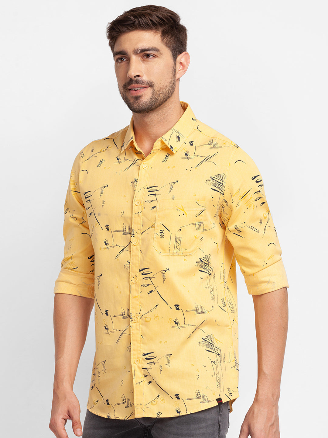 Spykar Chrome Yellow Cotton Full Sleeve Printed Shirt For Men