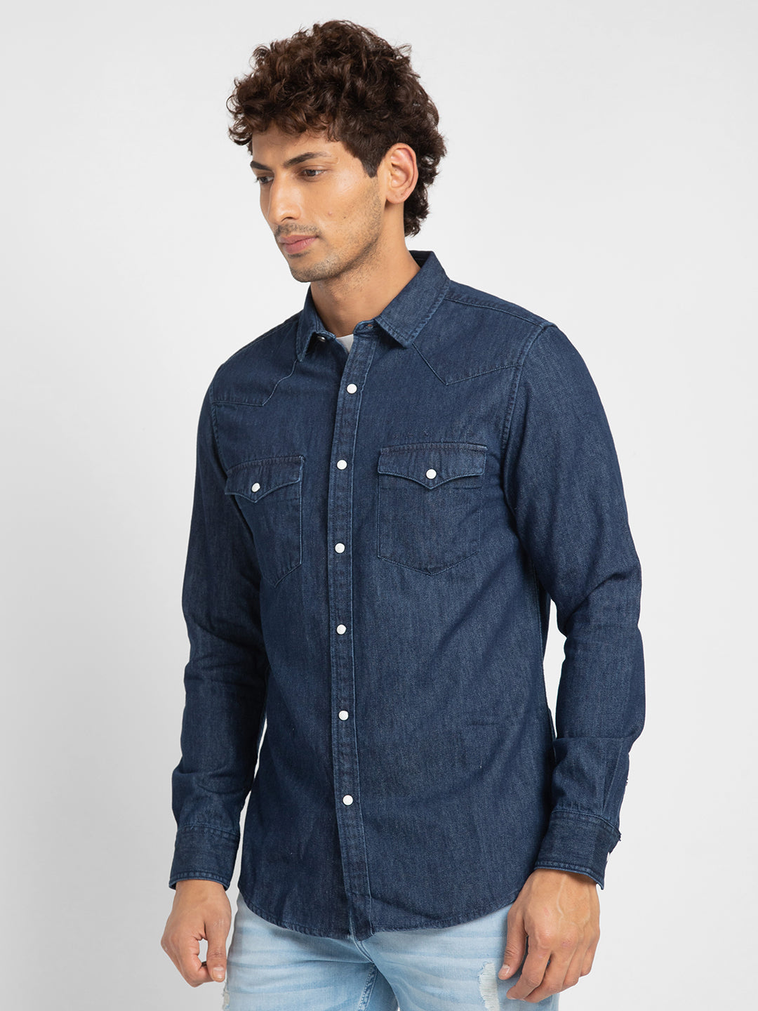 Spykar Men Dark Blue Cotton Slim Fit Denim Shirt