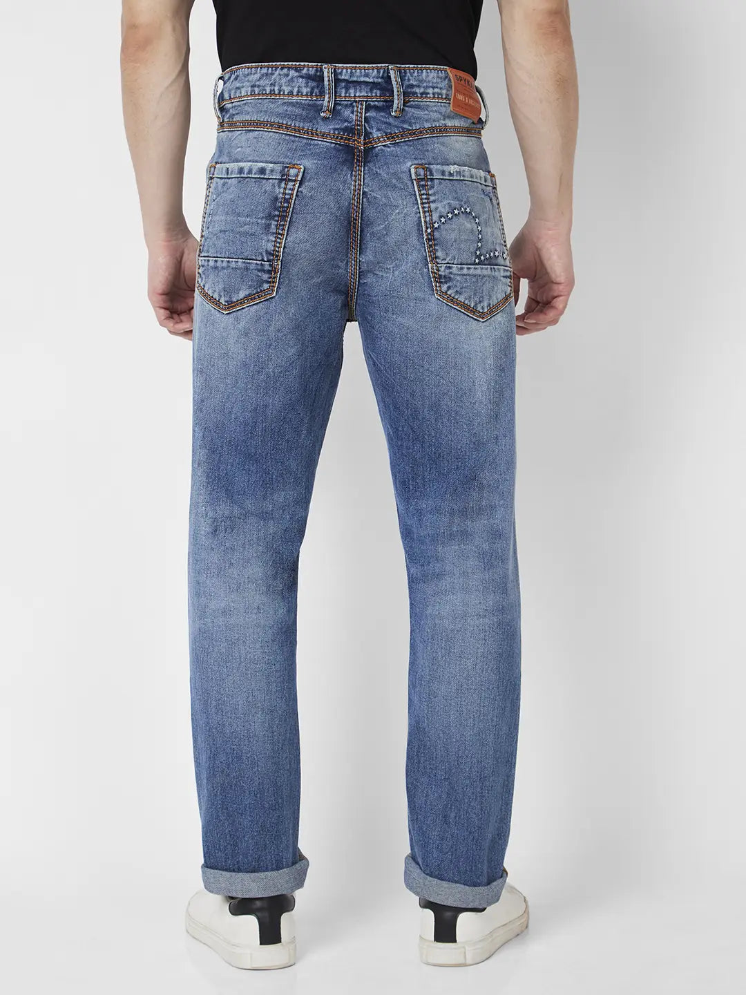 Spykar Men Mid Blue Cotton Regular Fit Narrow Length Mild Distressed Mid Rise Jeans (Rover)
