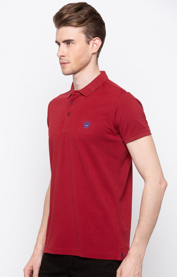 Spykar Red Solid Slim Fit Polo T-Shirt