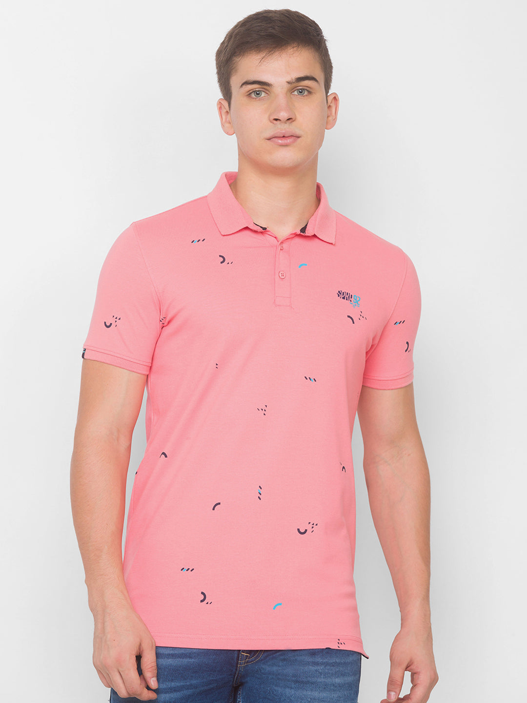 Spykar Men Pink Cotton Slim Fit Polo T-Shirt