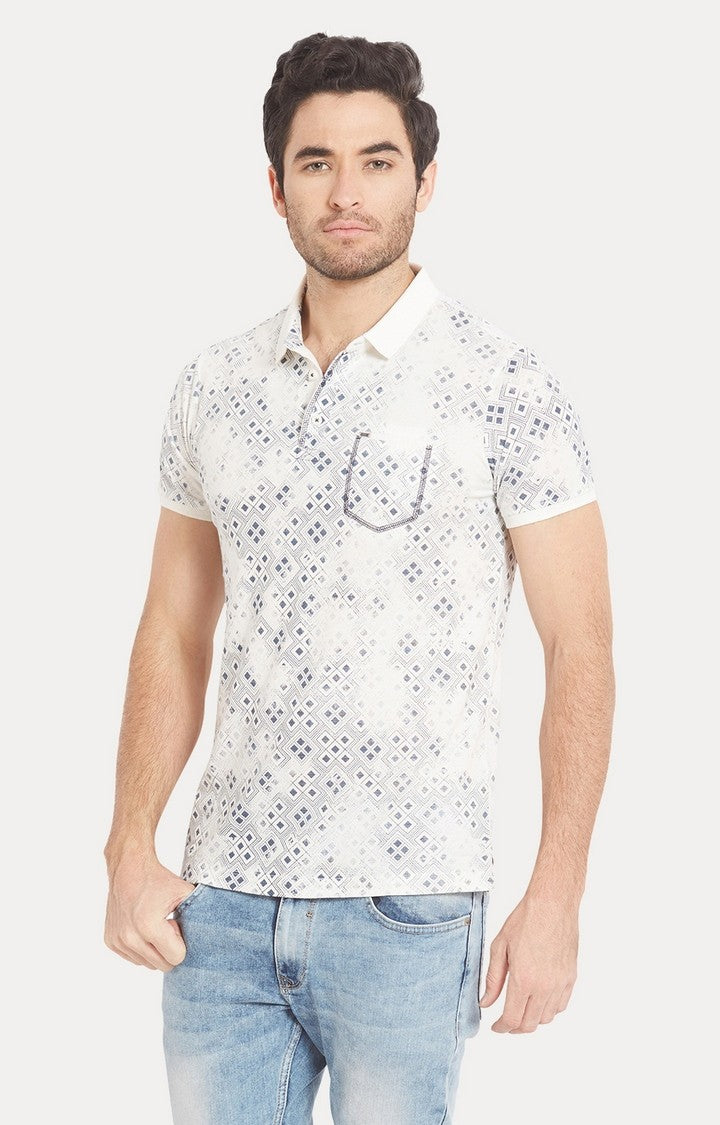 Spykar White Printed Slim Fit Polo T-Shirt