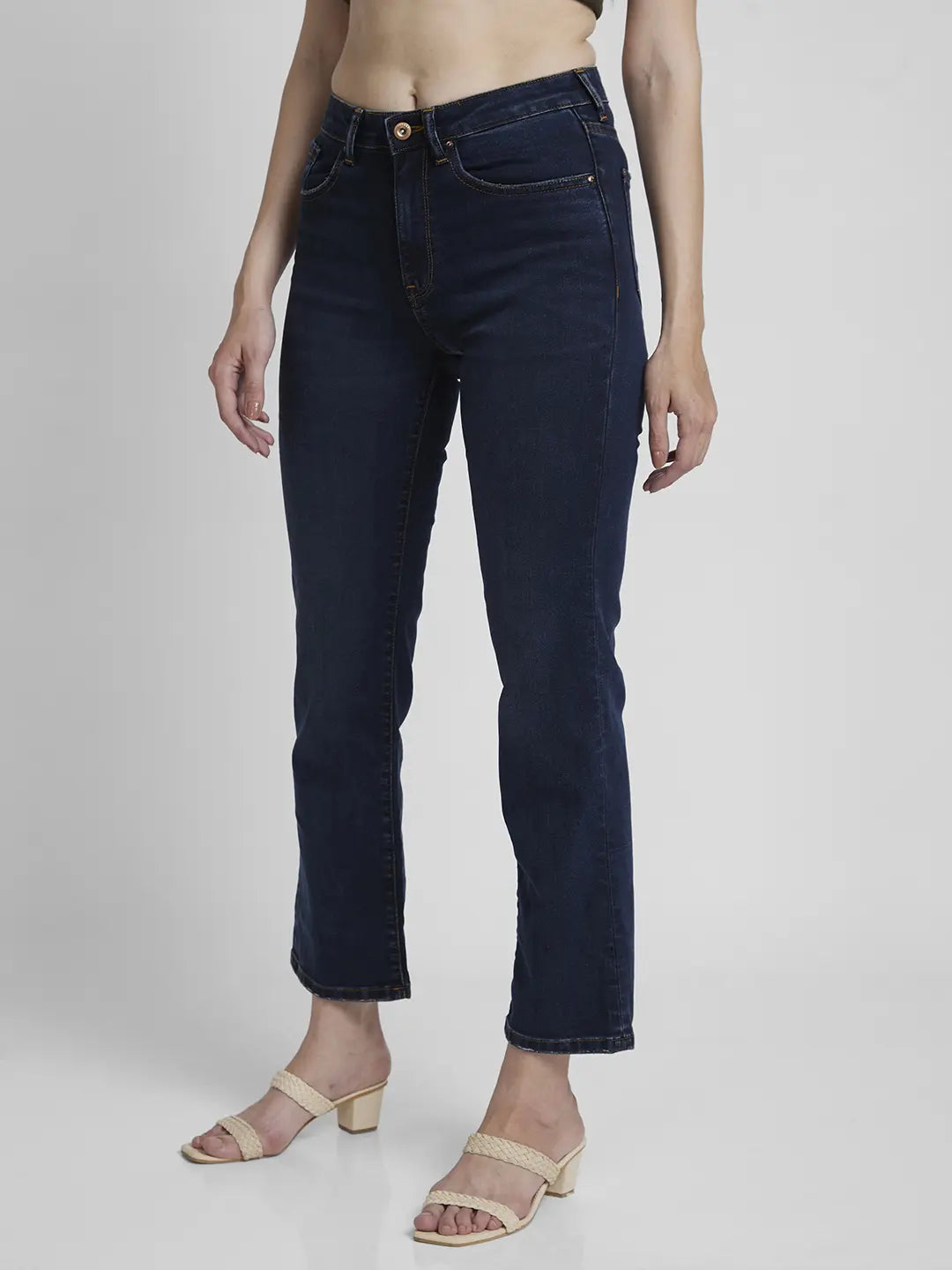 Spykar Women Dark Blue Lycra Slim Straight Fit Ankle Length Mild Distressed Jeans -(Emma)