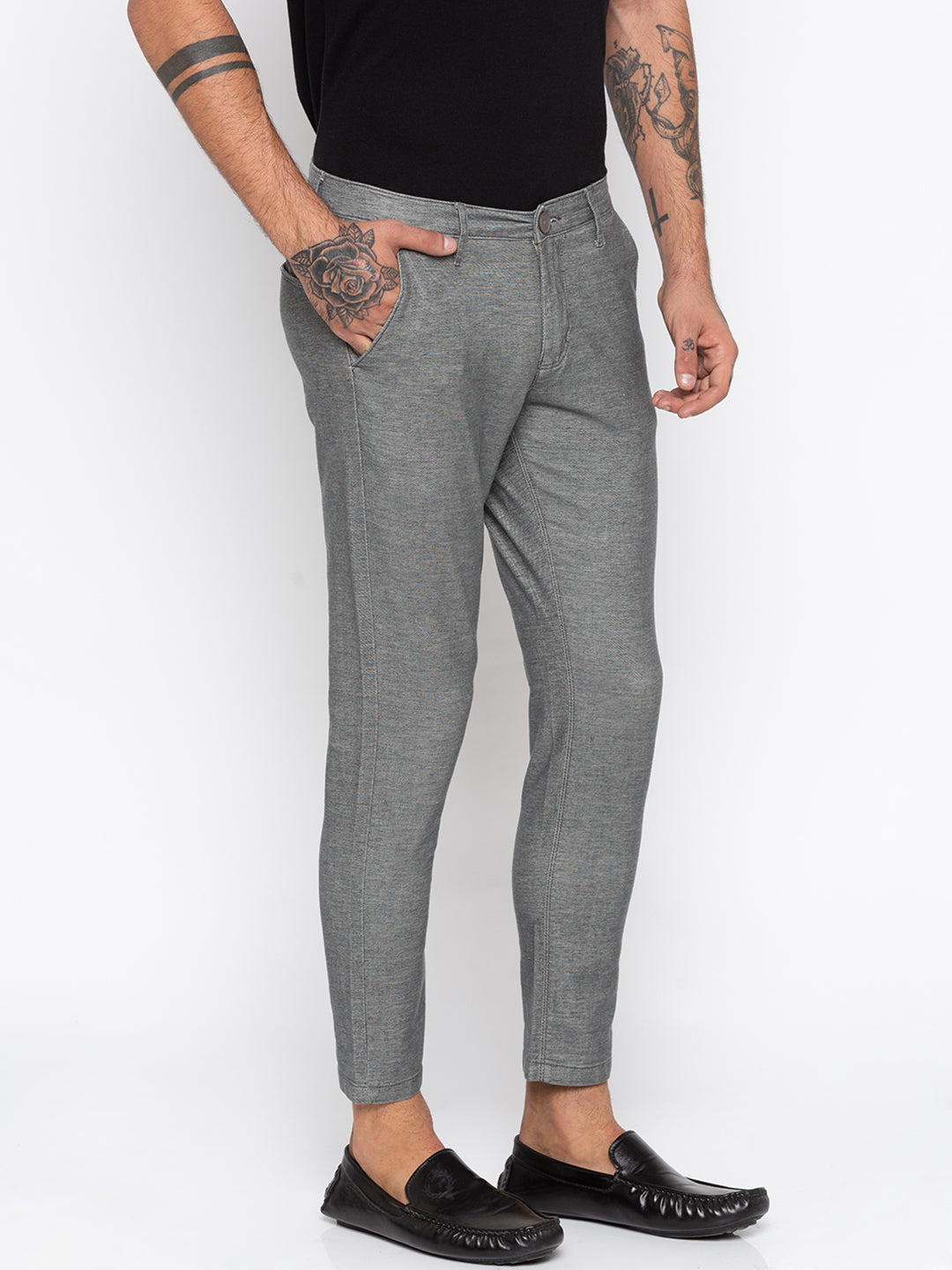 Spykar Men Grey Cotton Slim Fit Casual Trousers