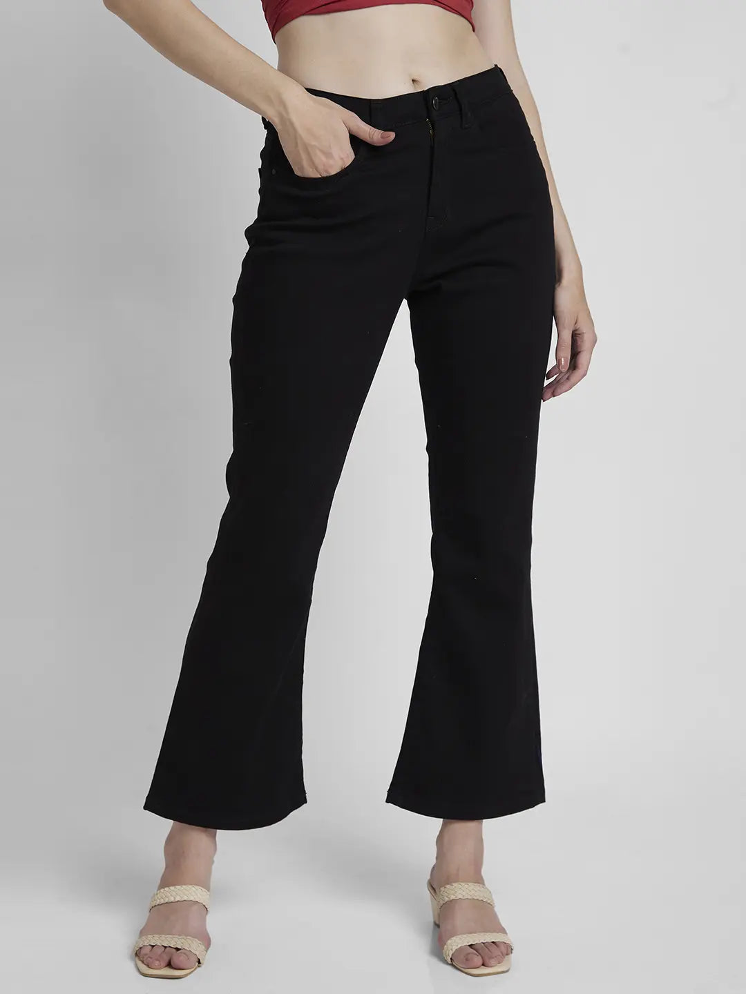 Spykar Women Raw Black Lycra Bootcut Fit Ankle Length Clean Look Jeans -(Elissa)