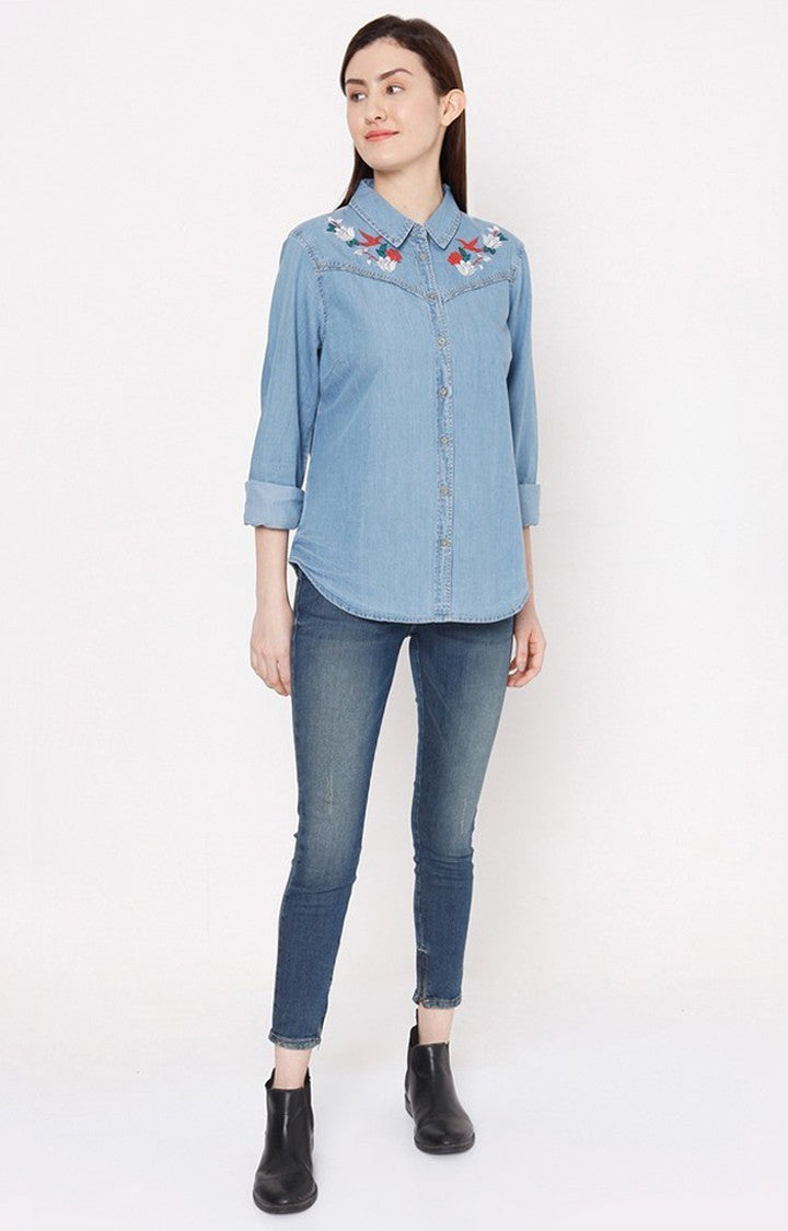 Spykar Women Mid Blue Cotton Regular Fit Denim Shirt