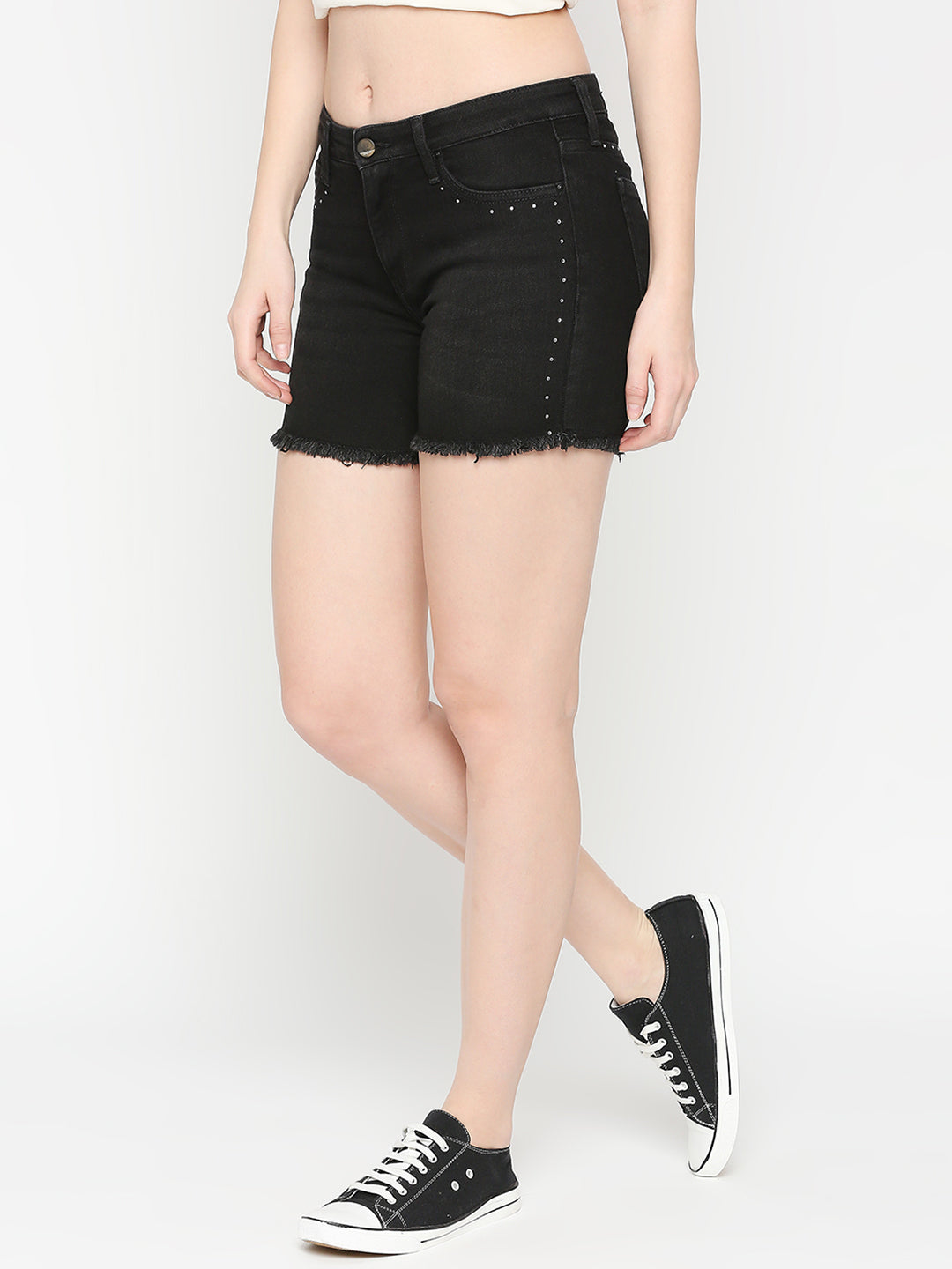 Spykar Women Black Spandex Slim Fit Denim Shorts