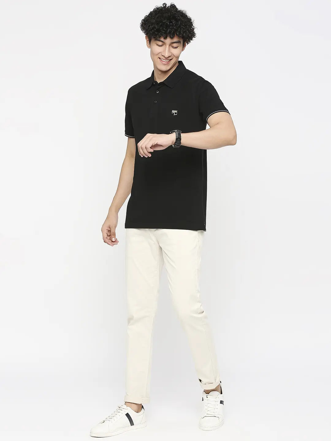 Spykar Men Black Cotton Slim Fit Plain Polo Neck Tshirt