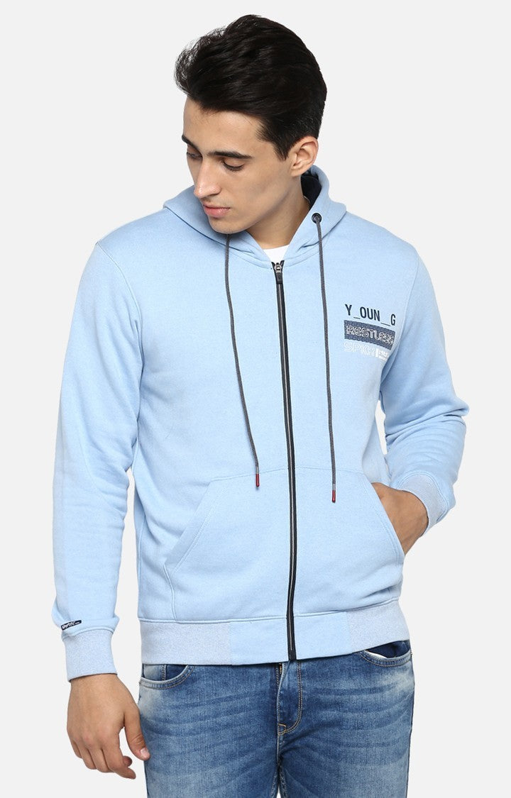 Spykar Men Blue Cotton Printed Full Sleeve Hooded Sweatshirt