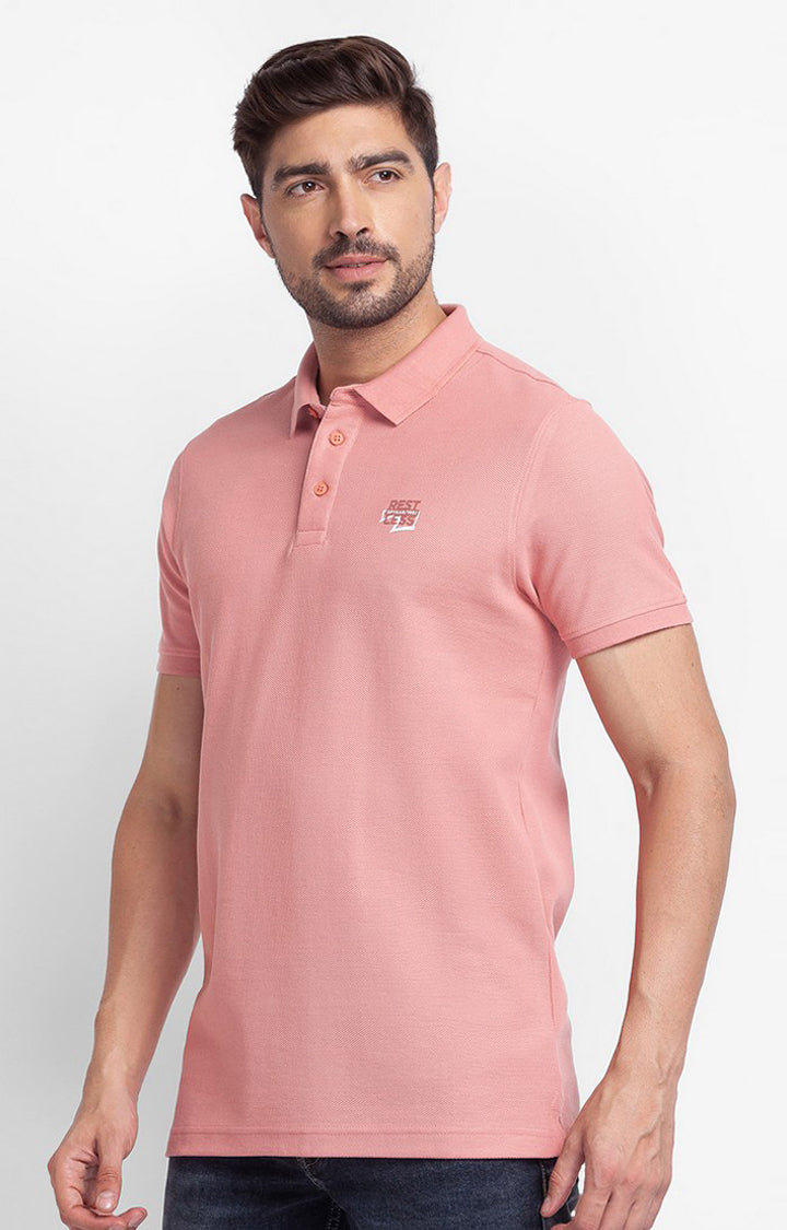 Spykar Peach Pink Cotton Half Sleeve Plain Casual Polo T-Shirt For Men