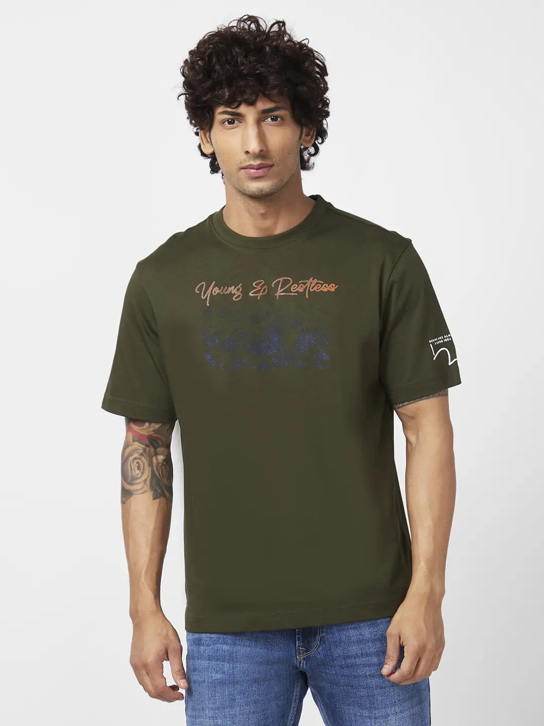 Spykar Men Rifle Green Cotton Slim Fit Half Sleeve Round Neck Printed Tshirt