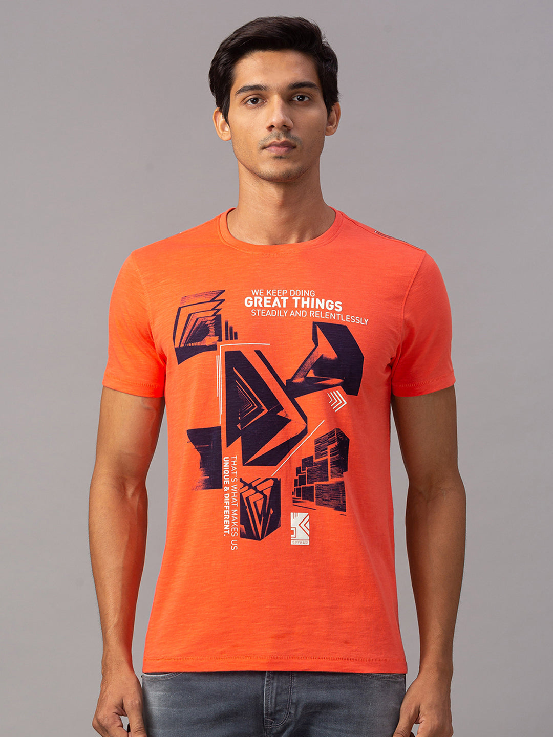 Spykar Men Orange Cotton Slim Fit Round Neck T-Shirt