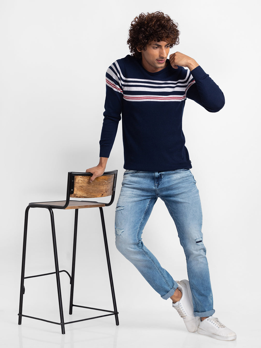 Spykar Navy Ash Melange Cotton Full Sleeve Casual Sweater For Men