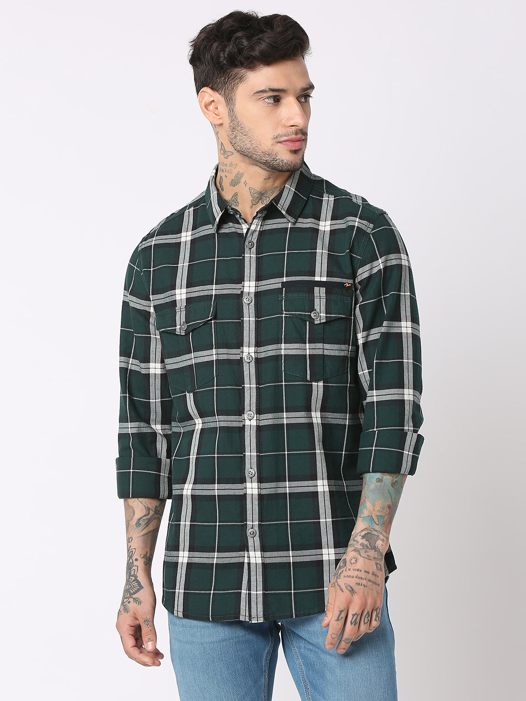 Spykar Men Bottle Green Cotton Regular Fit Checkered Shirts