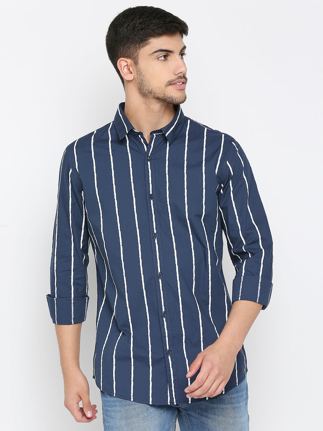 Spykar Navy Blue Cotton Full Sleeve Stripes Shirt For Men