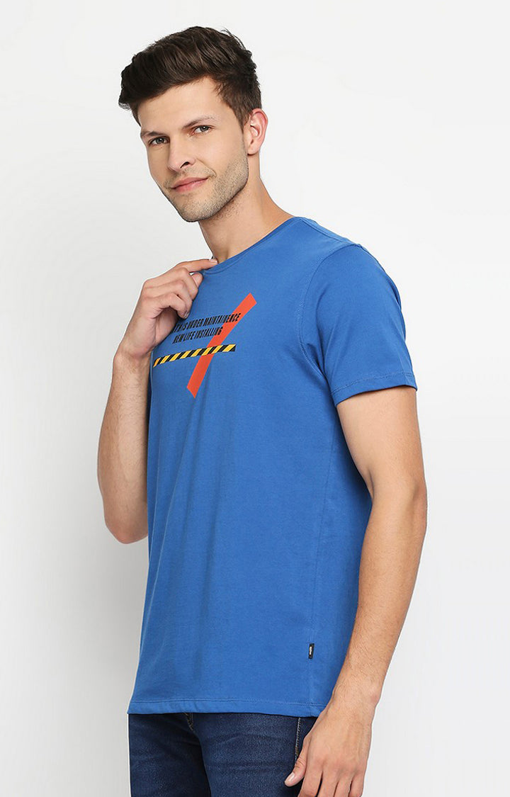 Spykar Men Blue Cotton Slim Fit Round Neck T-Shirt