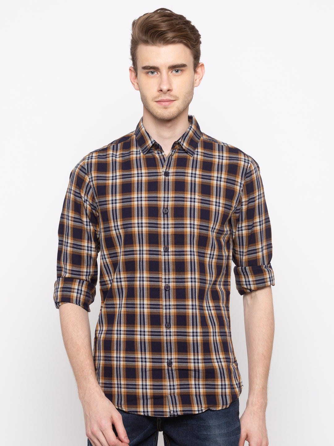 Spykar Men Khaki Checked Slim Fit Casual Shirt