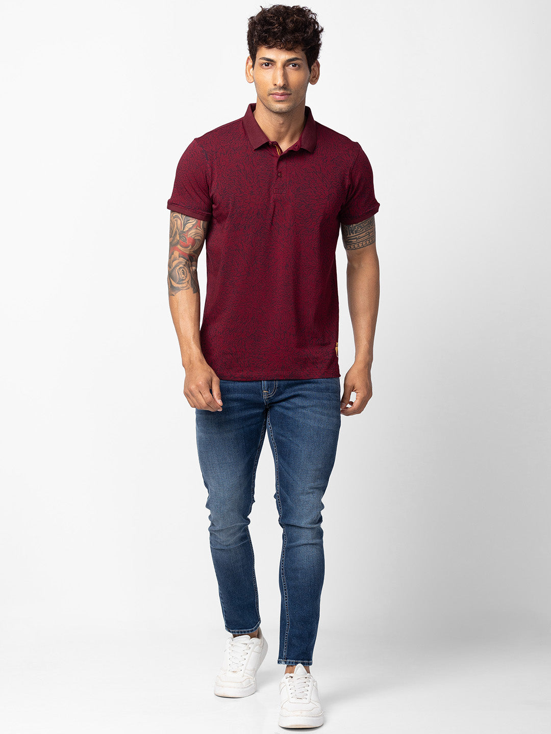 Spykar Men Wine Cotton Regular Fit Half Sleeve Printed Polo T-Shirt