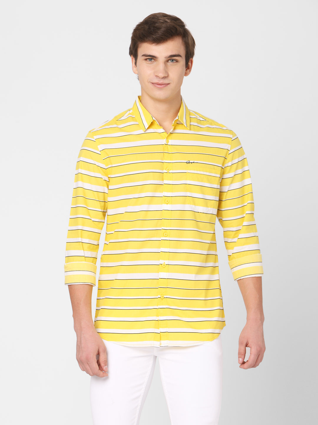 Spykar Men Yellow Cotton Slim Fit Shirts