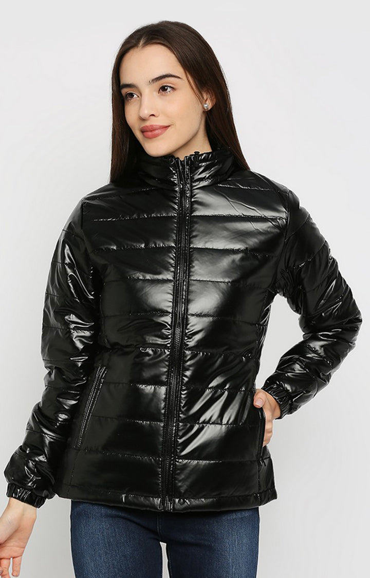 Spykar Women Black Polyester Regular Fit Round Neck Jacket