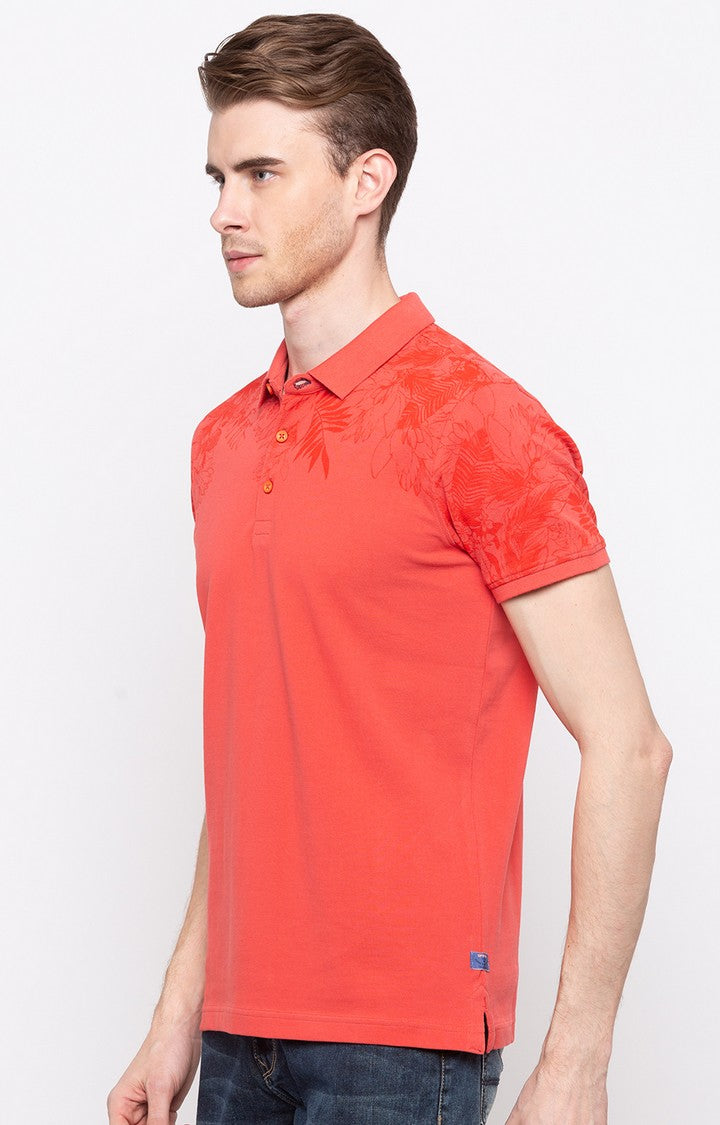 Spykar Pestle Orange Printed Slim Polo Fit T-Shirt