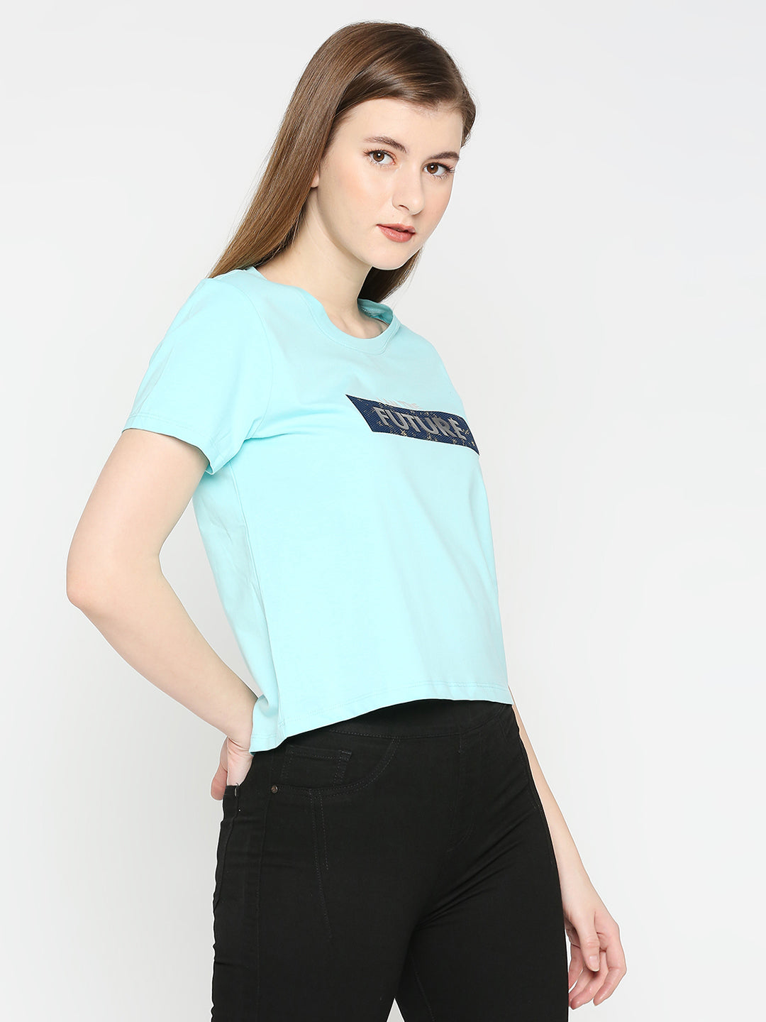 Spykar Women Sky Blue Spandex Slim Fit Printed T-Shirts