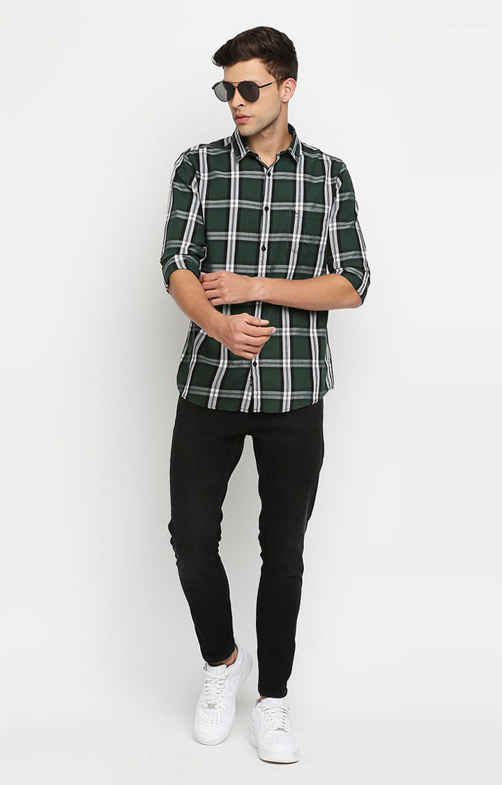 Spykar Men Green Slim Fit Full Sleeve Checkered Shirt