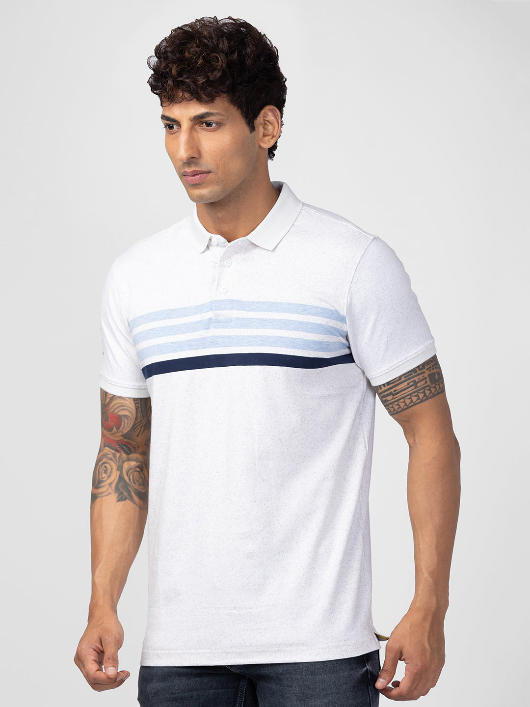 Spykar Men White Cotton Regular Fit Half Sleeve Printed Polo T-Shirt